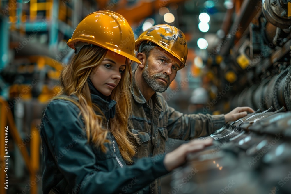 Obraz premium Two factory workers wearing hard hats inspecting machinery in an industrial setting