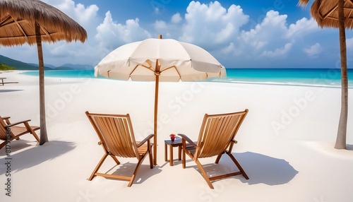 chairs and umbrella  a pristine with white sand adorned with chairs and an umbrella of travel and tourism against a wide panoramic backdrop created with generative ai.