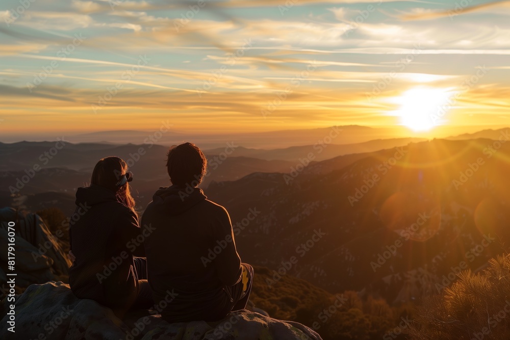 A couple sits on a mountain peak, watching a breathtaking sunset over the expansive, rugged landscape. The sky is painted with vibrant hues and scattered clouds.