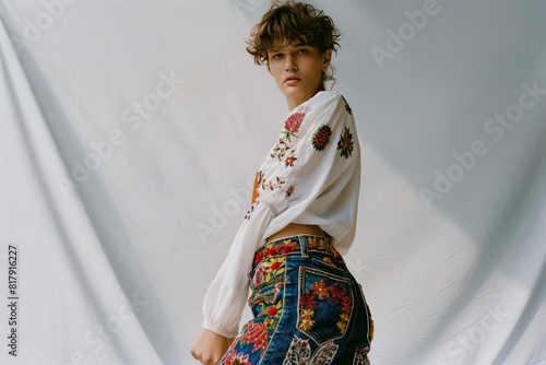 Portrait of a young woman wearing a white blouse and colorful embroidered jeans with floral patterns, standing against a plain backdrop.