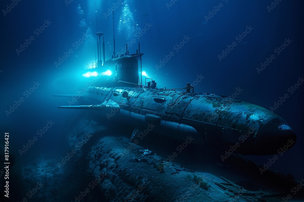 A submarine hovers on the surface of the ocean, surrounded by vast blue waters A submarine hovers on the surface of the ocean, surrounded by vast blue waters