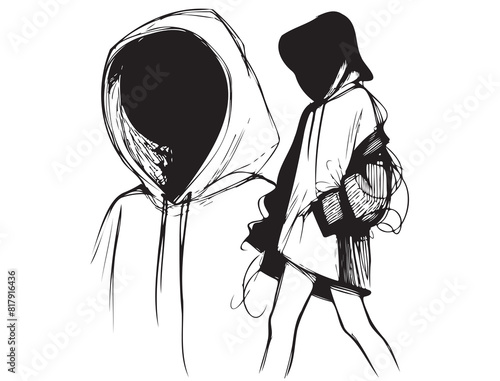 Fashion illustration. Cartoon girl in hoodie. Black sketch