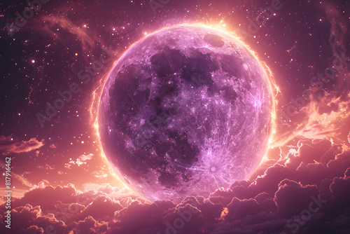 A moon with a purple hue shines out in the midst of the universe.