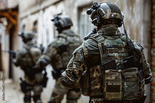 A group of soldiers in uniform marching down an alleyway