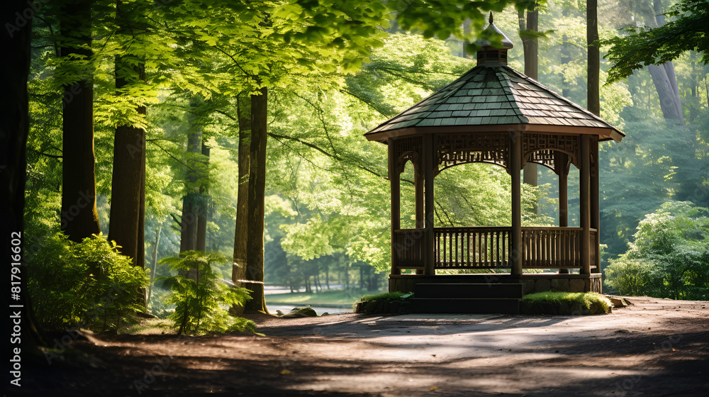 Rustic Wooden Gazebo Surrounded by Lush Park Greenery Rustic Wooden Gazebo Surrounded by Lush Park Greenery