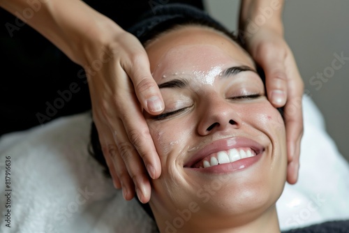 A woman receiving a relaxing facial massage at a spa, smiling with her eyes closed while the therapist gently massages her face.