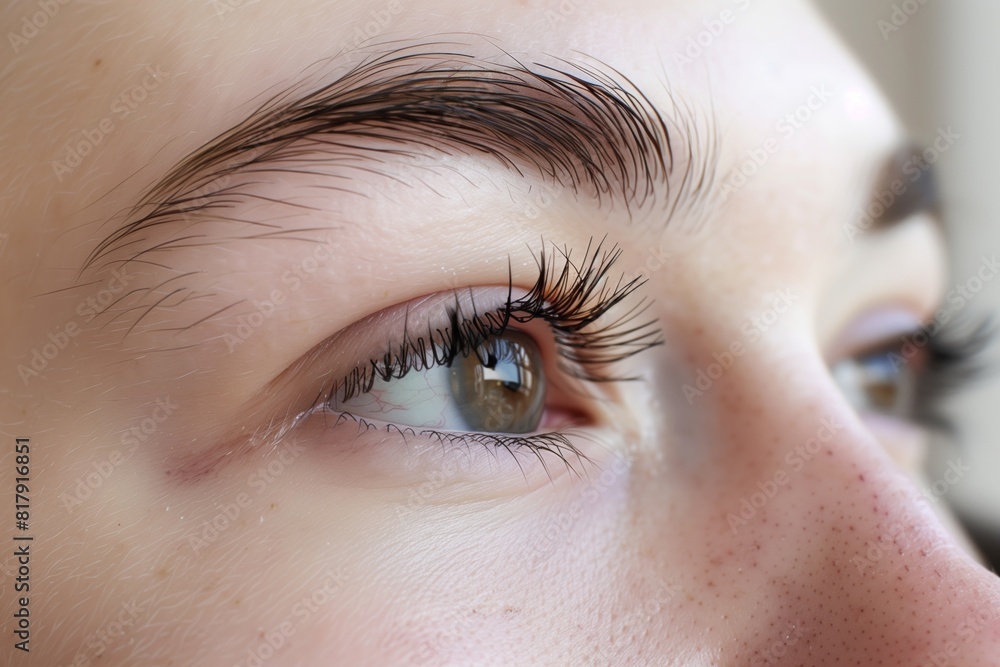 Obraz premium Close-up image of a person's eye showcasing detailed lashes and eyebrows with clear skin texture and visible freckles.