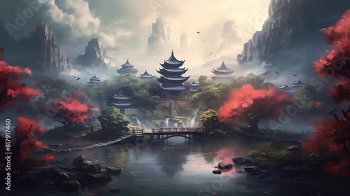 Chinese style architecture, pavilions and towers, small bridges and flowing water in the middle of the river photo