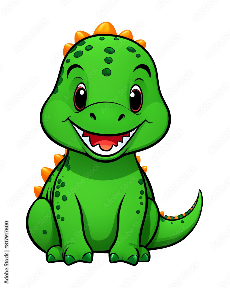 Fototapeta premium Сute green cartoon dinosaur illustration, isolated on transparent background. Animal for baby decor, childrens design, sticker, nursery art, birthday, invitatitions, banner.