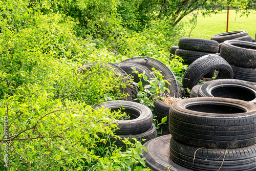 Used car tires thrown into the forest. Environmental pollution concept