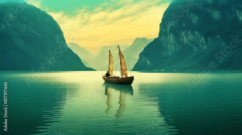A small sailboat floats on the calm lake, surrounded by towering mountains and green waters