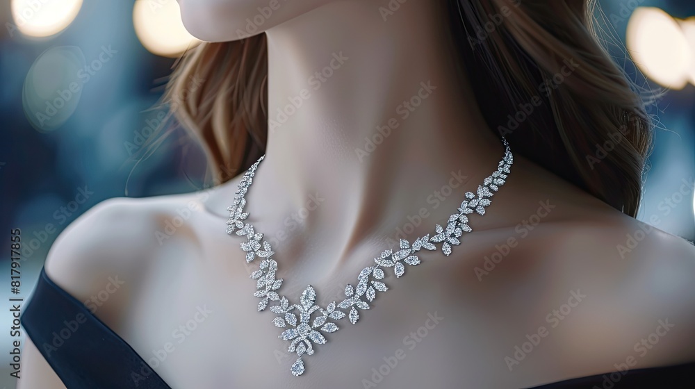 a diamond necklace adorning a female model dressed in a beautiful gown, a sparkling ring, with a focus on the intricate details of the jewelry, set within a luxurious and elegant atmosphere.