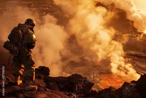 A person in protective gear stands near the edge of an active volcanic crater, observing the erupting lava and smoke at sunset.