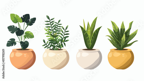 Four of colorful cartoon pottery plant isolated on white