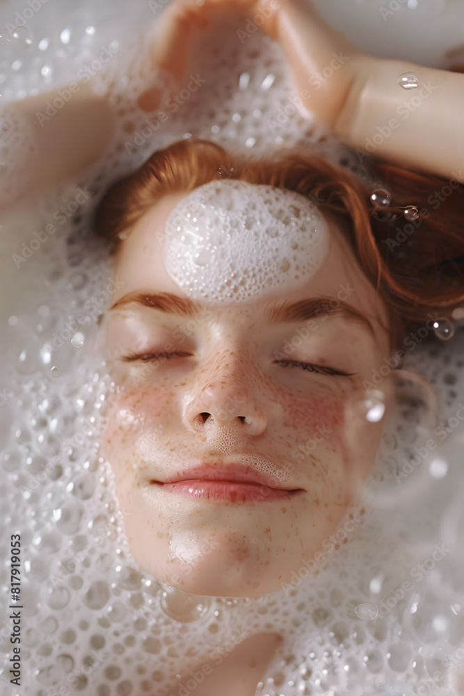 Portrait of a young woman having a bubble bath and relaxing