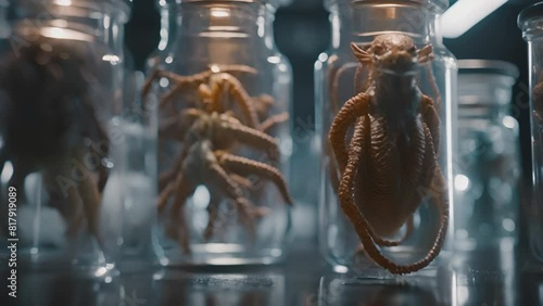 Jars full of strange mutated creatures or organisms. Alien species. Secret lab, forbidden experiments. Mad scientist laboratory. Horror or sci-fi movie theme, footage. Biohazard. Breeding. photo