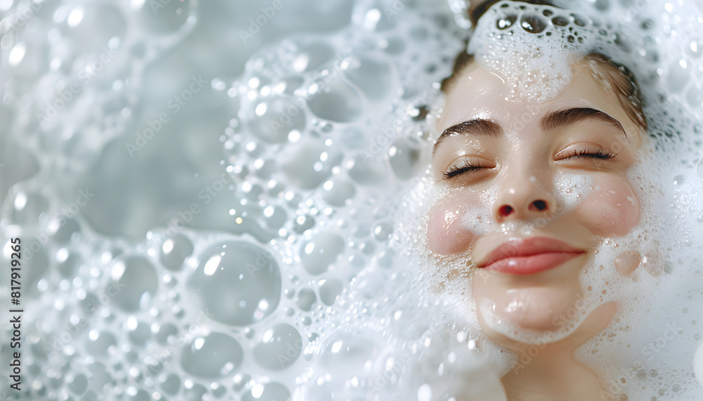 Portrait of a young woman having a bubble bath and relaxing Portrait of a young woman having a bubble bath and relaxing