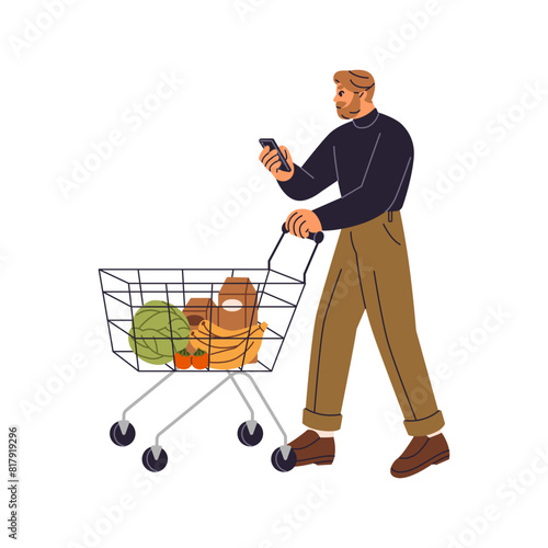 Supermarket visitor pushes trolley with goods. Customer with shopping list in phone buys food. Buyer with cart makes purchases in grocery store. Flat isolated vector illustration on white background