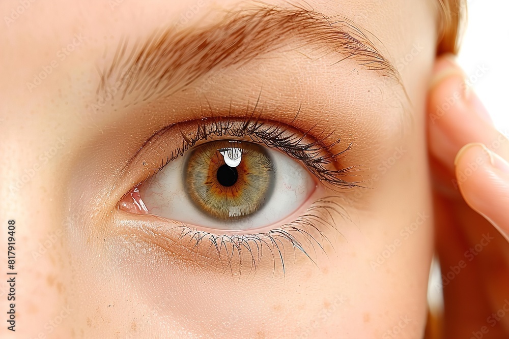 Obraz premium A woman is using her hand to touch her eye in this close-up shot