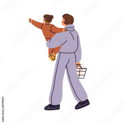 Mother holds her kid on hands while shopping in grocery store. Buyer carries goods basket, choose food back view. Customer buys foodstuffs in supermarket. Flat isolated vector illustration on white