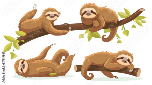 Four of funny sloths in different postures. Lazy