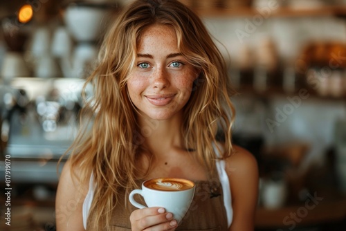 Smiling barista with freckles holding a cup of latte with latte art in a cozy caf  