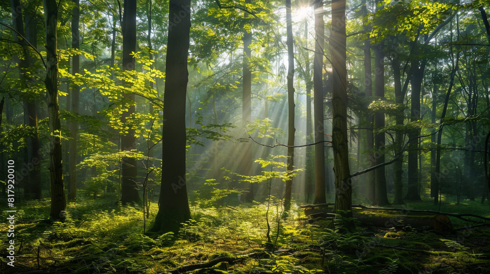 A peaceful forest scene with sunlight streaming through the trees