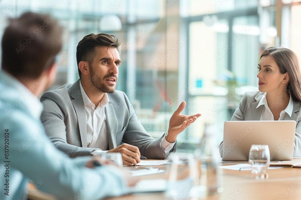 Business meeting in a modern office with professionals discussing and collaborating, one man speaking actively, others listening attentively.