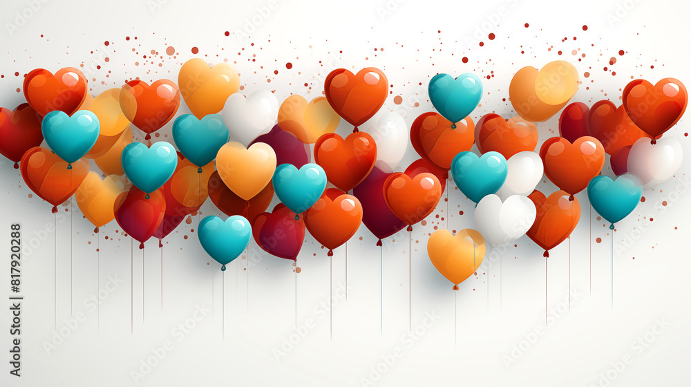 Many colorful heart-shaped balloons on white background, free space for text, creative illustration. Love and Valentine's Day concept. Many colorful heart-shaped balloons on white background, free space for text, creative illustration. Love and Valentine's Day concept.