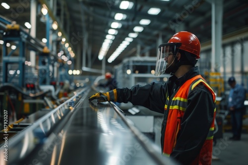 Factory worker wearing safety gear, inspecting a conveyor belt in an industrial setting with machines and equipment in the background. © studioworkstock