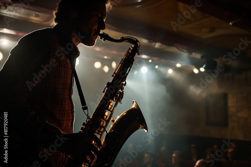 Silhouette of a saxophonist performing on stage with dramatic lighting and an audience in the background.