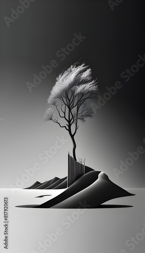 Minimalist D A Lone Tree Reduced to Essential Lines and Planes in Monochrome