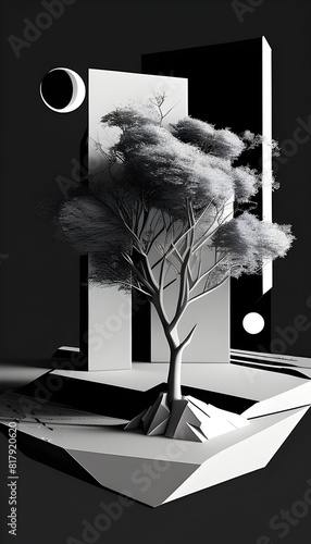 Minimalist D of a Solitary Tree Reduced to Essential Geometric Forms in a Monochrome Palette