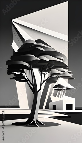 D Digital Sketch Emphasizing a Solitary Trees Essential Lines and Planes in Monochrome photo