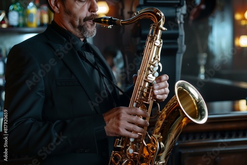 A musician in a black suit plays a golden saxophone in a dimly lit bar, creating a warm and intimate ambiance.