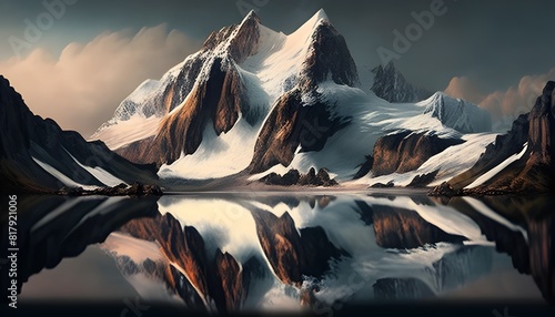 SnowCapped Mountain Peaks Rise Above Tranquil Alpine Lake Reflecting Solitude and Wonder photo