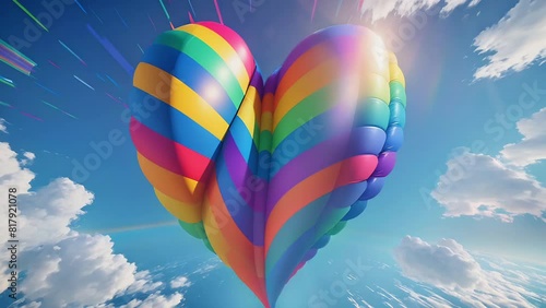 Huge 3D rendered heart-shaped balloon in rainbow colors shining against blue sky with light white clouds. Generative AI animation