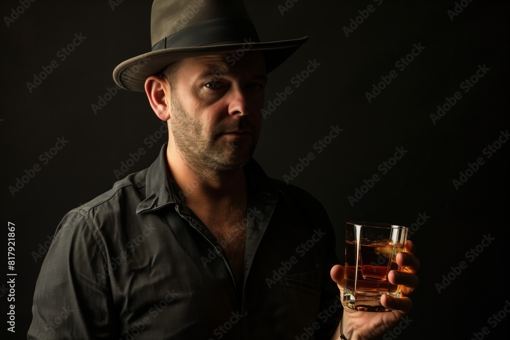 Man wearing a fedora holding a glass of whiskey in a dimly lit setting with a black background. Man wearing a fedora holding a glass of whiskey in a dimly lit setting with a black background.