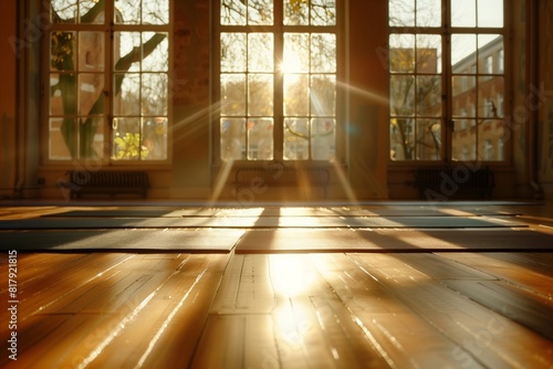 Sunlit Yoga Studio with Mats on Wooden Floor  A Tranquil Space for Mindfulness and Meditation