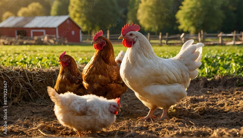 Fototapeta premium Lively farm scene with chickens engaged in their daily activities on vibrant farmland
