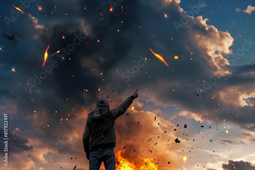 Dramatic scene with a person pointing at the sky amidst fiery explosions and dark clouds, suggesting chaos or disaster.