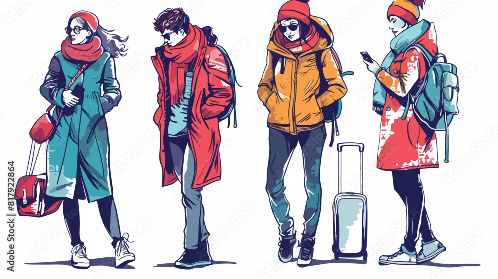 Four of stylish people with gadgets at street sketch