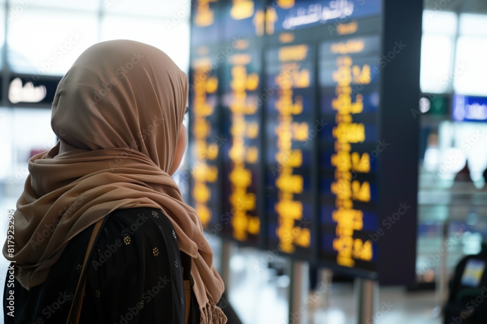 A woman wearing a hijab looks at a flight information board in an airport terminal. The board displays various flight details. A woman wearing a hijab looks at a flight information board in an airport terminal. The board displays various flight details.