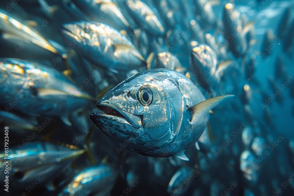 Tuna fish swimming in a school, perfect for commercial fishing concepts. Tuna fish swimming in a school, perfect for commercial fishing concepts.