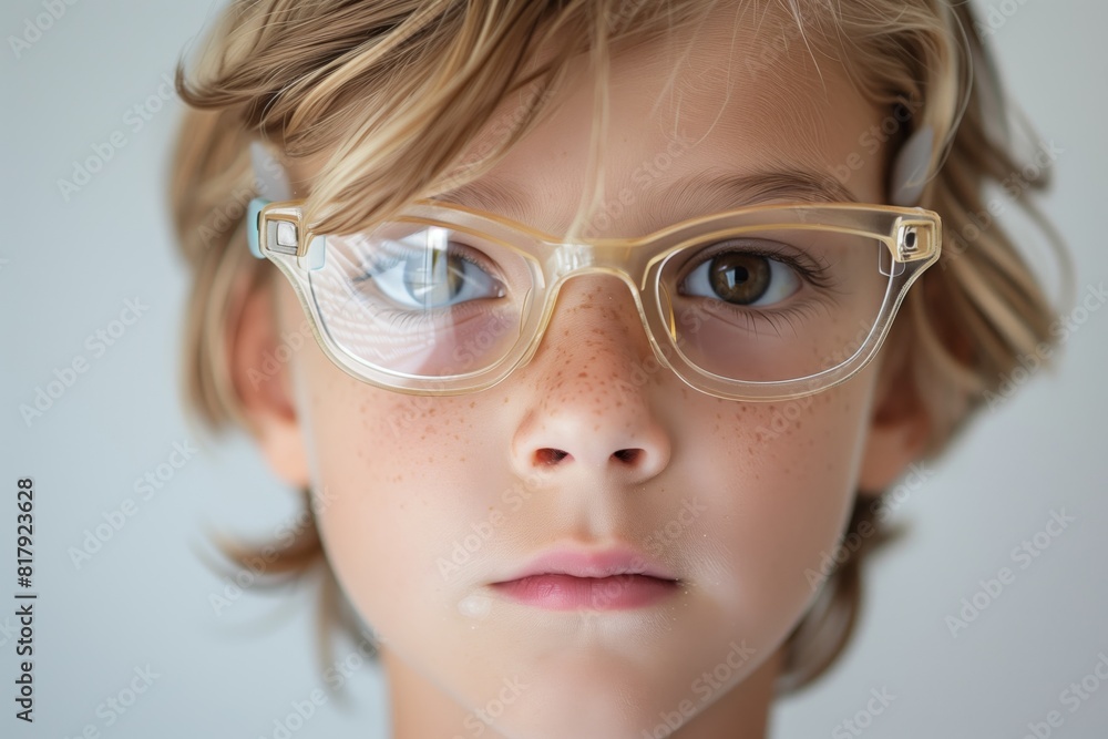 Close-up portrait of a young child with light brown hair, wearing transparent glasses and looking directly at the camera with a neutral expression. Close-up portrait of a young child with light brown hair, wearing transparent glasses and looking directly at the camera with a neutral expression.