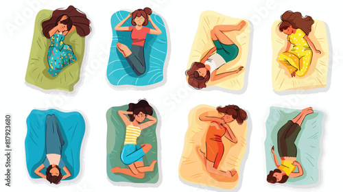 Four of young woman sleeping in bed in various poses.