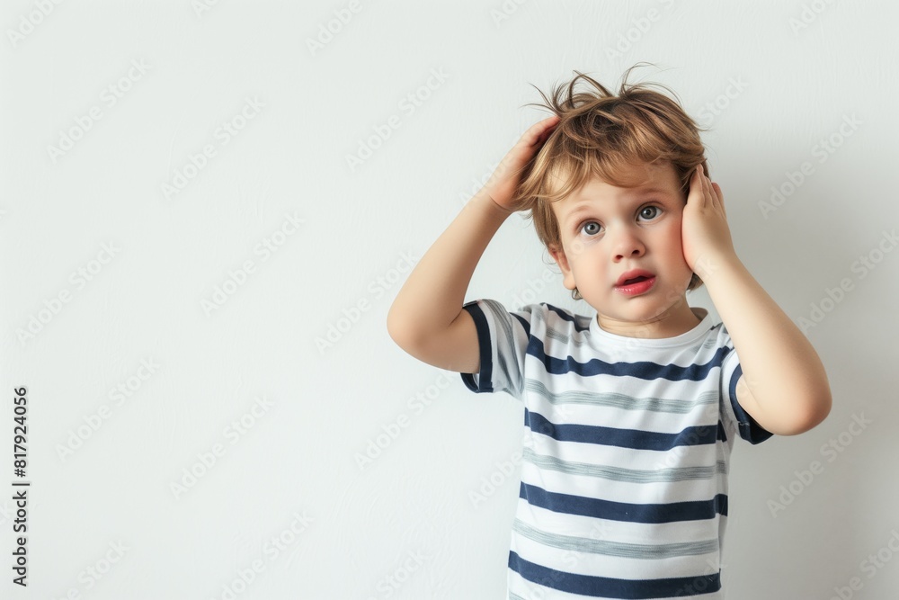 Portrait of a thoughtful little boy in a striped shirt holding his head with his hands, standing against a white background. Portrait of a thoughtful little boy in a striped shirt holding his head with his hands, standing against a white background.