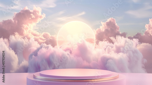  Background pink podium sky 3d platform luxury product beauty display render heaven dreamy stage. Pink stand smoke scene podium white background pastel romantic space sunset abstract backdrop light.