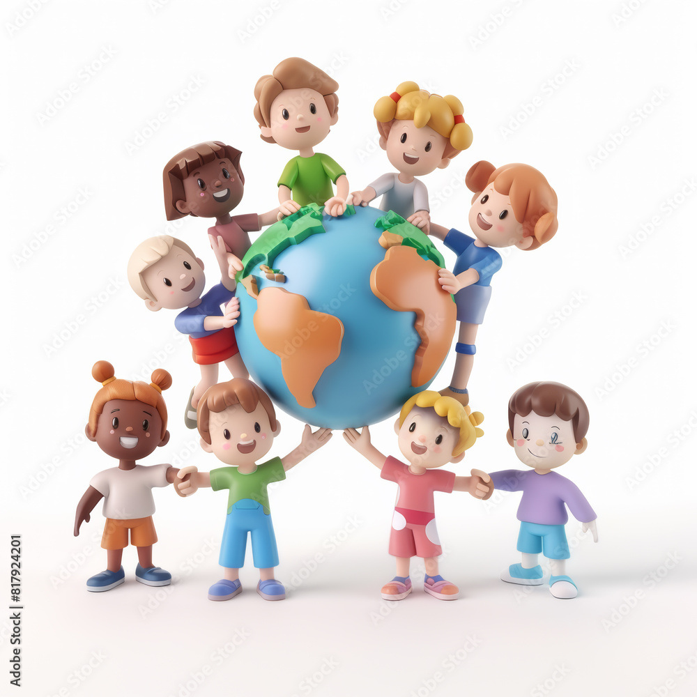 3d render boys and girls of different races holding hands around the Earth, cut out, isolated on white background. Friendship and international relationships concept. 3d render boys and girls of different races holding hands around the Earth, cut out, isolated on white background. Friendship and international relationships concept.