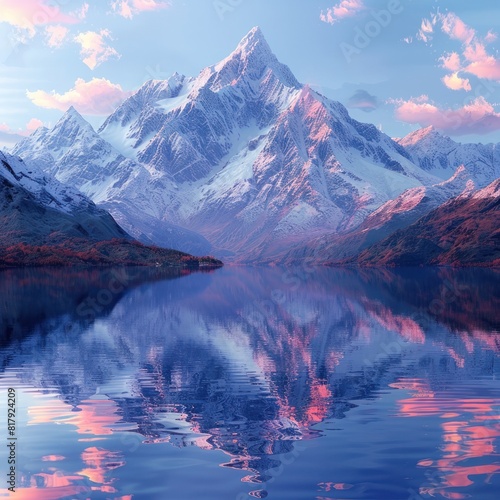 Dawns Early Light on Majestic SnowCapped Peaks Reflected in a CrystalClear Lake